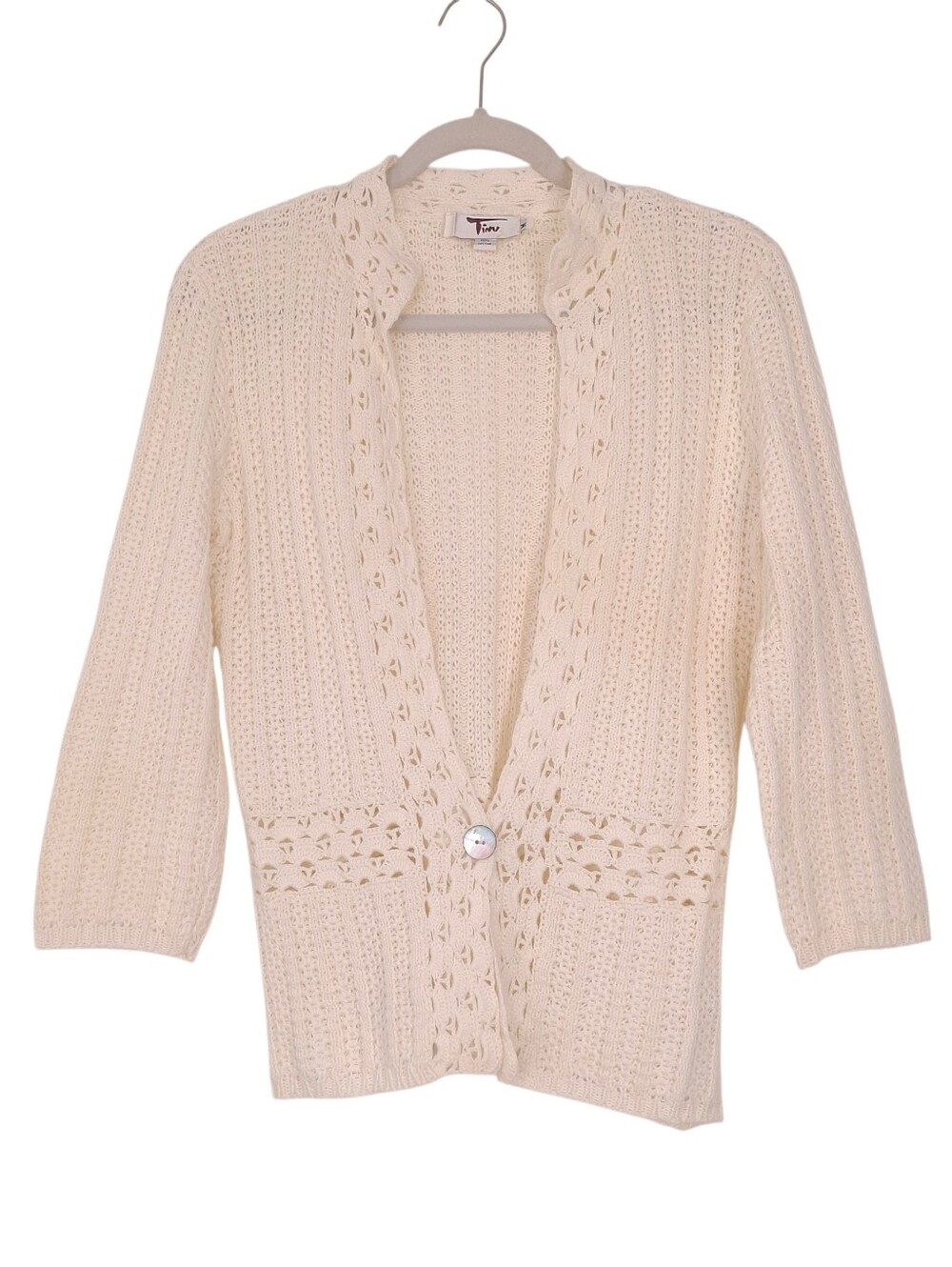 Tinu vintage open knit crochet cardigan single button cottagecore boho ivory